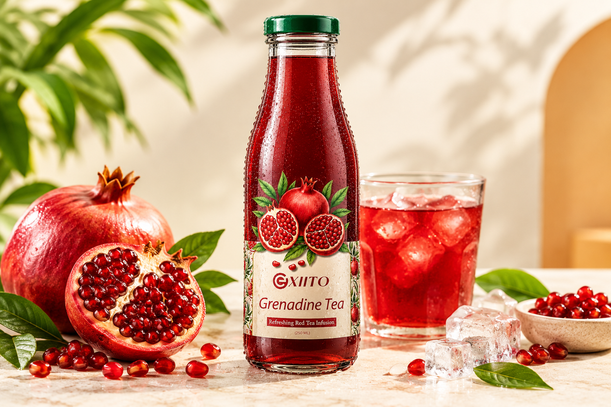 EXIITO Grenadine Tea bottled red tea with fresh pomegranate, ice, and pomegranate seeds
