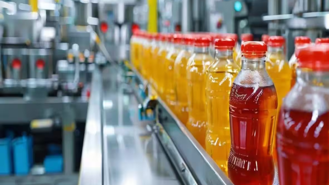Bottled beverages on a production line in a beverage manufacturing facility