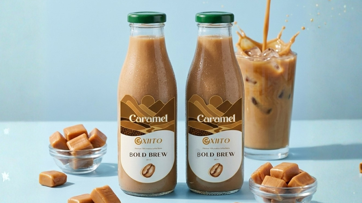 EXIITO Caramel Coffee beverage bottle displayed against a light blue background