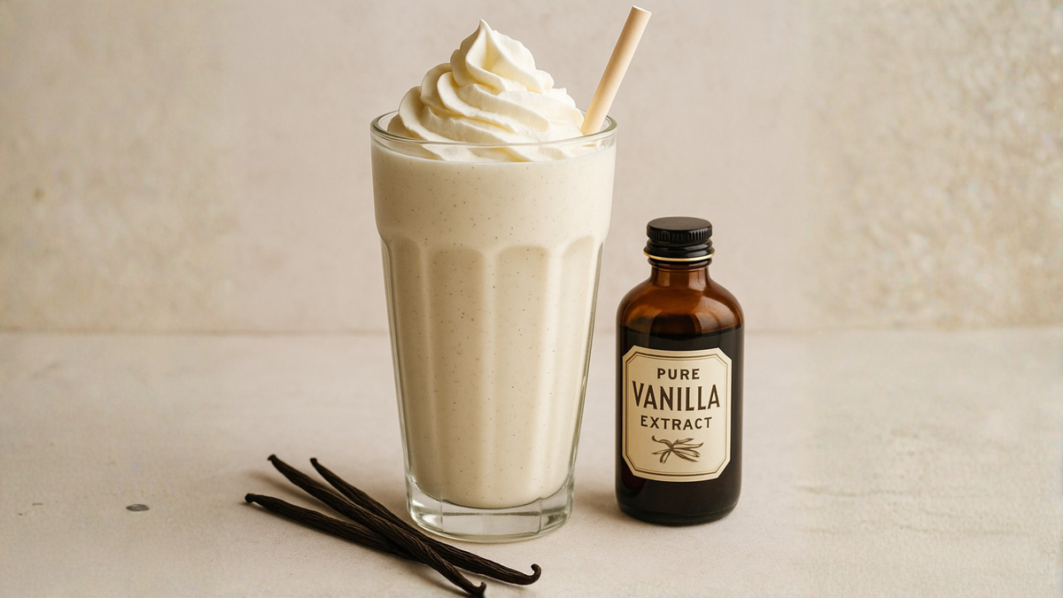 Vanilla milkshake with whipped cream and vanilla extract