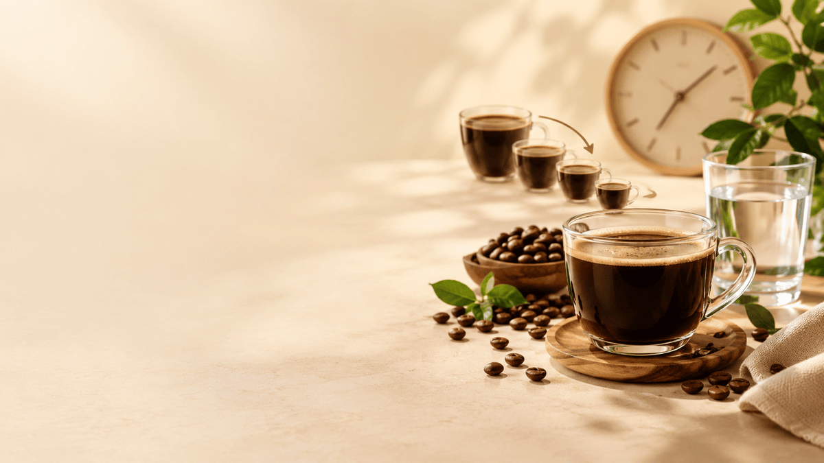 Coffee withdrawal symptoms and caffeine reduction timeline with black coffee, water, coffee beans, and clock