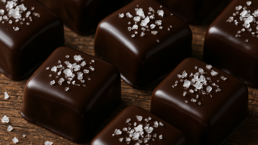 Dark chocolate pieces topped with sea salt on a wooden table