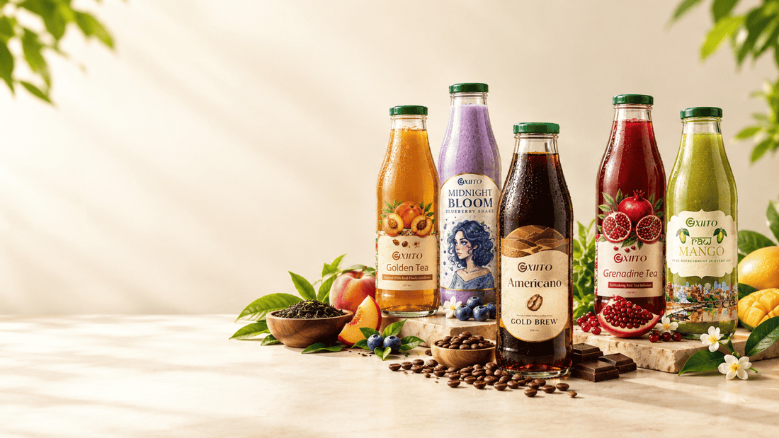 Premium ready-to-drink beverages in glass bottles featuring iced tea, cold brew coffee, blueberry shake, grenadine tea, and raw mango drink, surrounded by fresh fruits, tea leaves, and coffee beans on a cream background.”