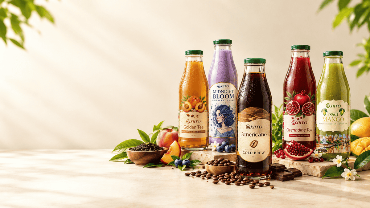 Premium ready-to-drink beverages in glass bottles featuring iced tea, cold brew coffee, blueberry shake, grenadine tea, and raw mango drink, surrounded by fresh fruits, tea leaves, and coffee beans on a cream background.”
