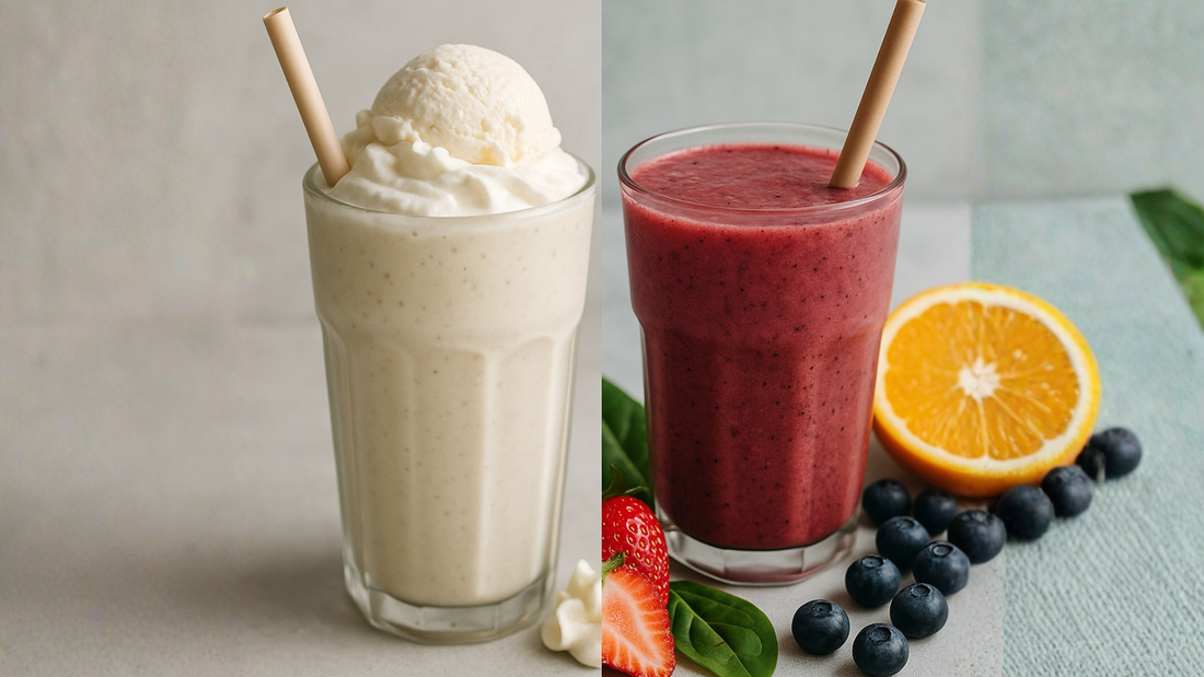 Milkshake and berry smoothie side by side showing the difference between shakes and smoothies