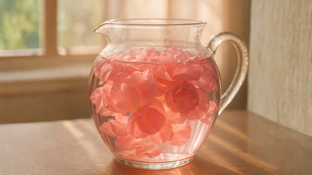 Glass pitcher filled with pink rose petals in warm natural light indoors