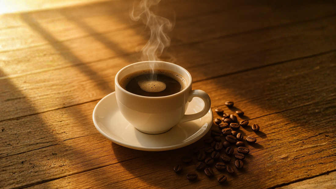 Hot black coffee in a white cup with coffee beans on a rustic wooden table