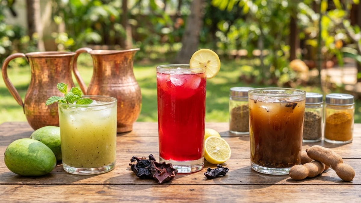 Refreshing Indian beverages including raw mango, red fruit, and tamarind drinks served with fresh ingredients