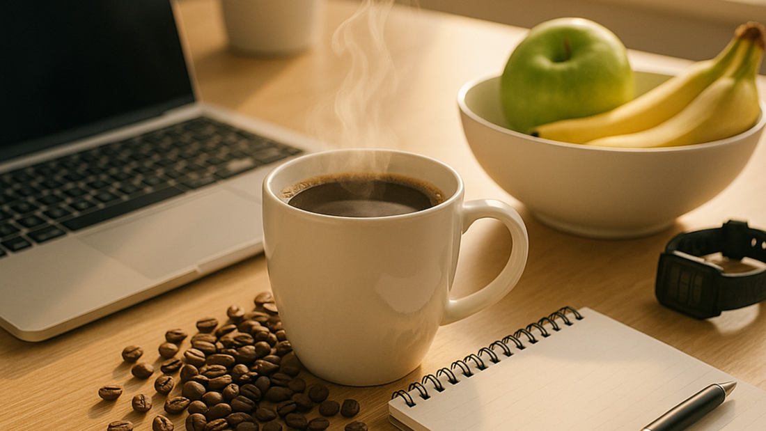 Fresh coffee cup with coffee beans, laptop, notebook, and fruit bowl on a wooden desk