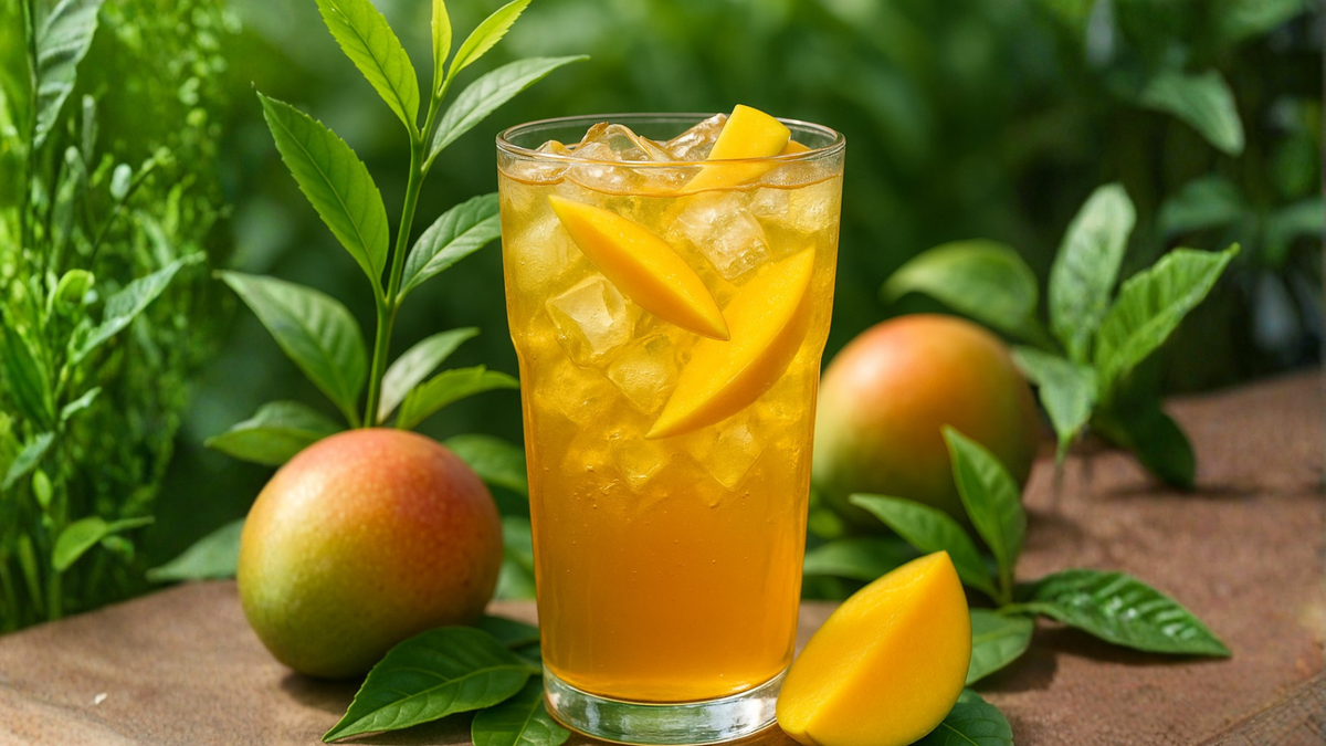Mango iced tea with fresh mango slices