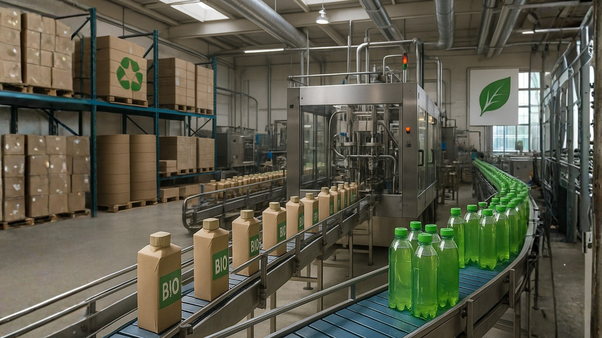 Beverage production line with bottled drinks and eco-friendly packaging in a modern beverage factory