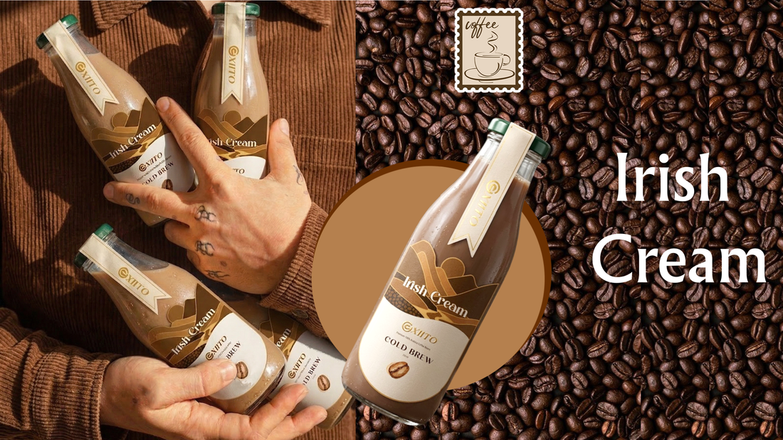 Exiito beverage Irish Cream coffee and glass bottle .